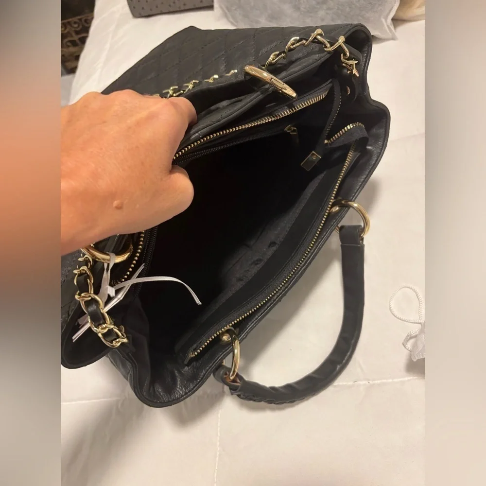 Black Quilted Leather Shoulder Bag with Gold Chain & Starp